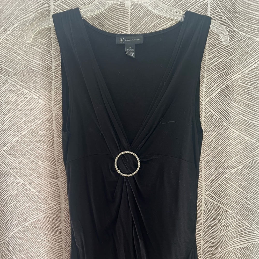 Sleeveless deep V cut tunic, black with jeweled accent- INC concepts